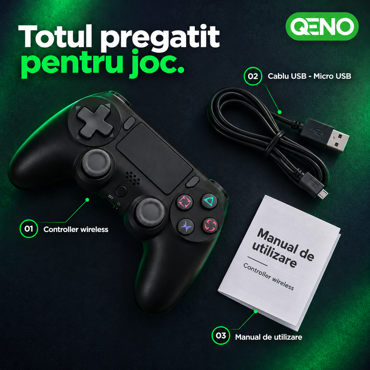 Controller Wireless QENO® P47, Compatibil PS4 si PC, Bluetooth 4.0, Touchpad, Baterie 600 mAh, Negru