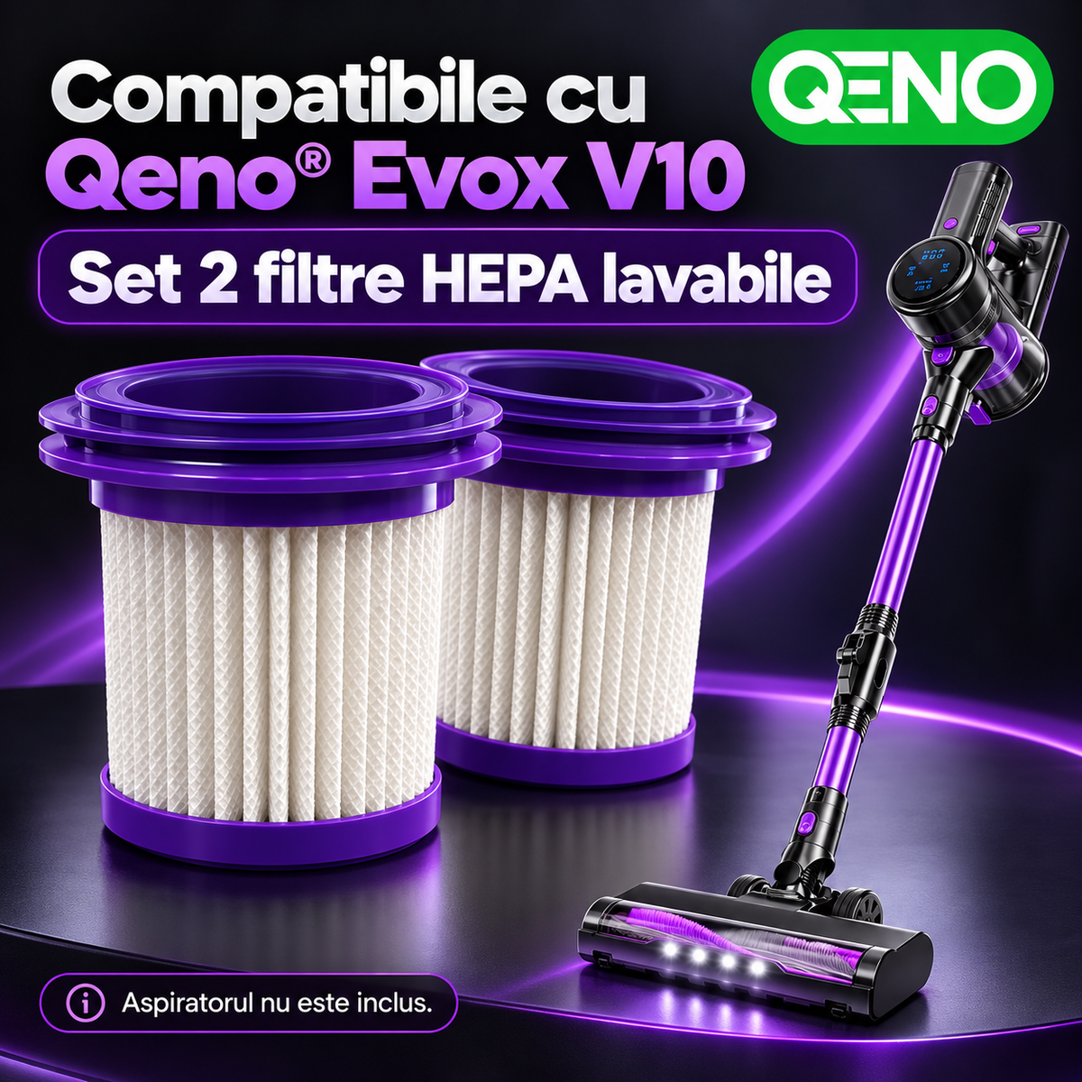 Set 2 Filtre HEPA Lavabile pentru Aspirator Vertical Qeno® Evox V10, Filtre de Schimb, Alb-Mov