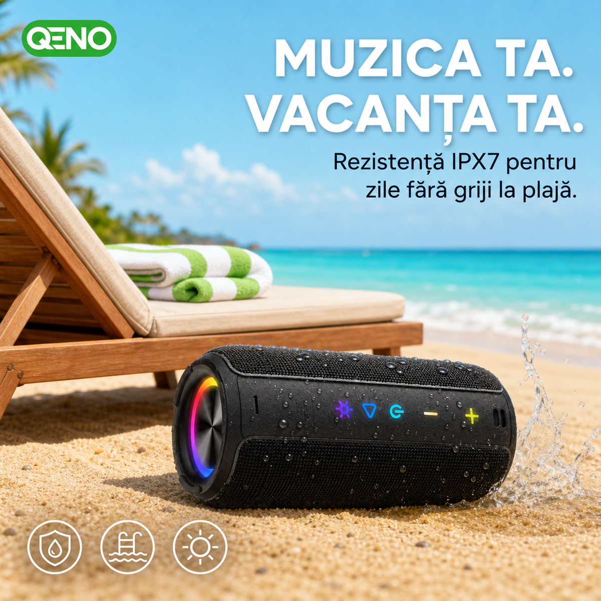 Boxa portabila Qeno®, 20W, Bluetooth 5.3, Protectie IPX7, Autonomie pana la 30 ore, Iluminare RGB, USB-C, Negru