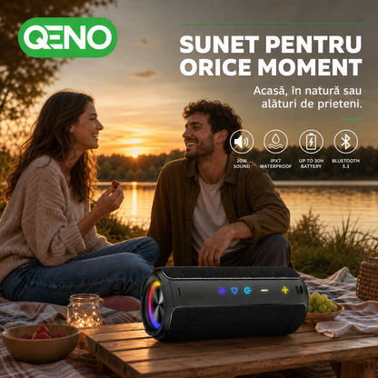 Boxa portabila Qeno®, 20W, Bluetooth 5.3, Protectie IPX7, Autonomie pana la 30 ore, Iluminare RGB, USB-C, Negru