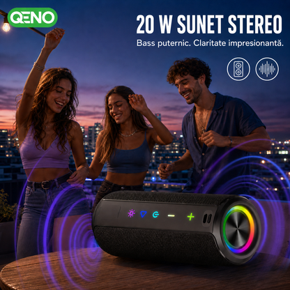 Boxa portabila Qeno®, 20W, Bluetooth 5.3, Protectie IPX7, Autonomie pana la 30 ore, Iluminare RGB, USB-C, Negru