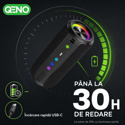 Boxa portabila Qeno®, 20W, Bluetooth 5.3, Protectie IPX7, Autonomie pana la 30 ore, Iluminare RGB, USB-C, Negru