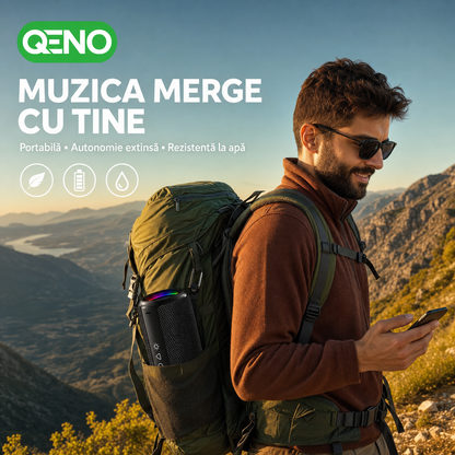 Boxa portabila Qeno®, 20W, Bluetooth 5.3, Protectie IPX7, Autonomie pana la 30 ore, Iluminare RGB, USB-C, Negru
