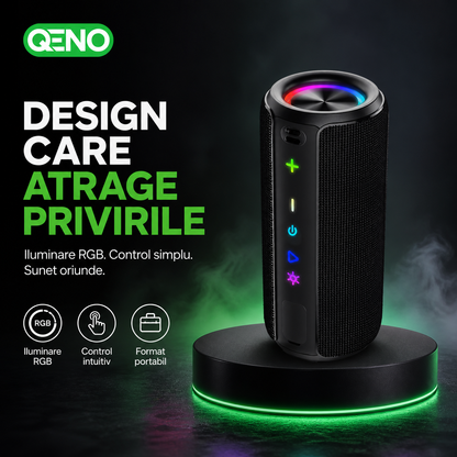 Boxa portabila Qeno®, 20W, Bluetooth 5.3, Protectie IPX7, Autonomie pana la 30 ore, Iluminare RGB, USB-C, Negru