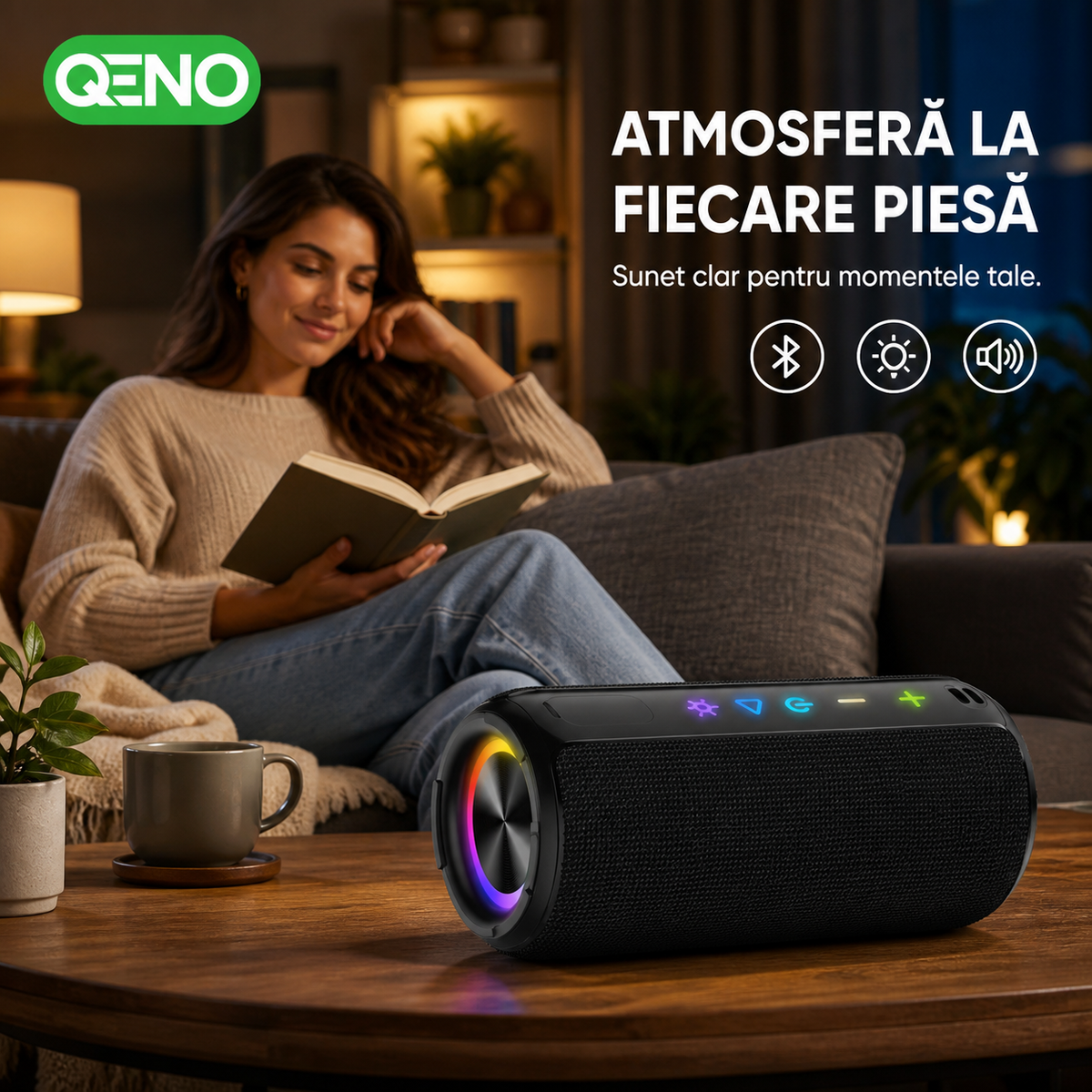 Boxa portabila Qeno®, 20W, Bluetooth 5.3, Protectie IPX7, Autonomie pana la 30 ore, Iluminare RGB, USB-C, Negru