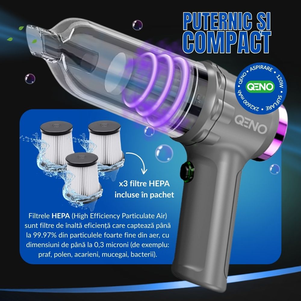 Aspirator Auto Portabil Fara Fir 3in1 Qeno® PureFusion 120W