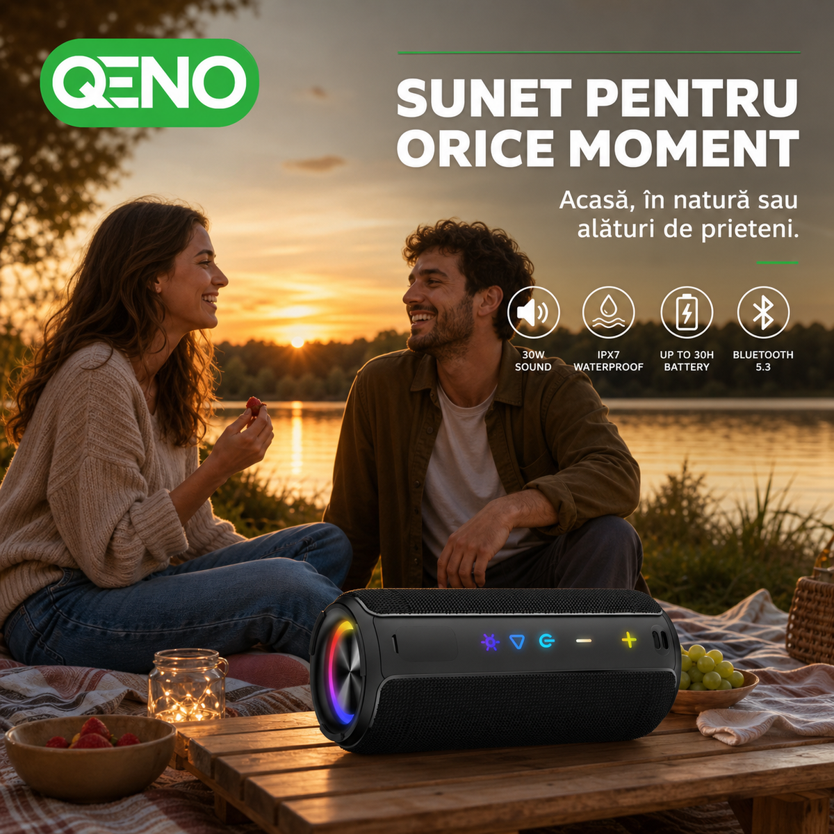 Boxa portabila Qeno®, 20W, Bluetooth 5.3, Protectie IPX7, Autonomie pana la 30 ore, Iluminare RGB, USB-C, Negru