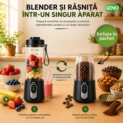 Mini Blender Portabil Electric 2in1 Rasnita cafea, QENO® BLENDYFIT