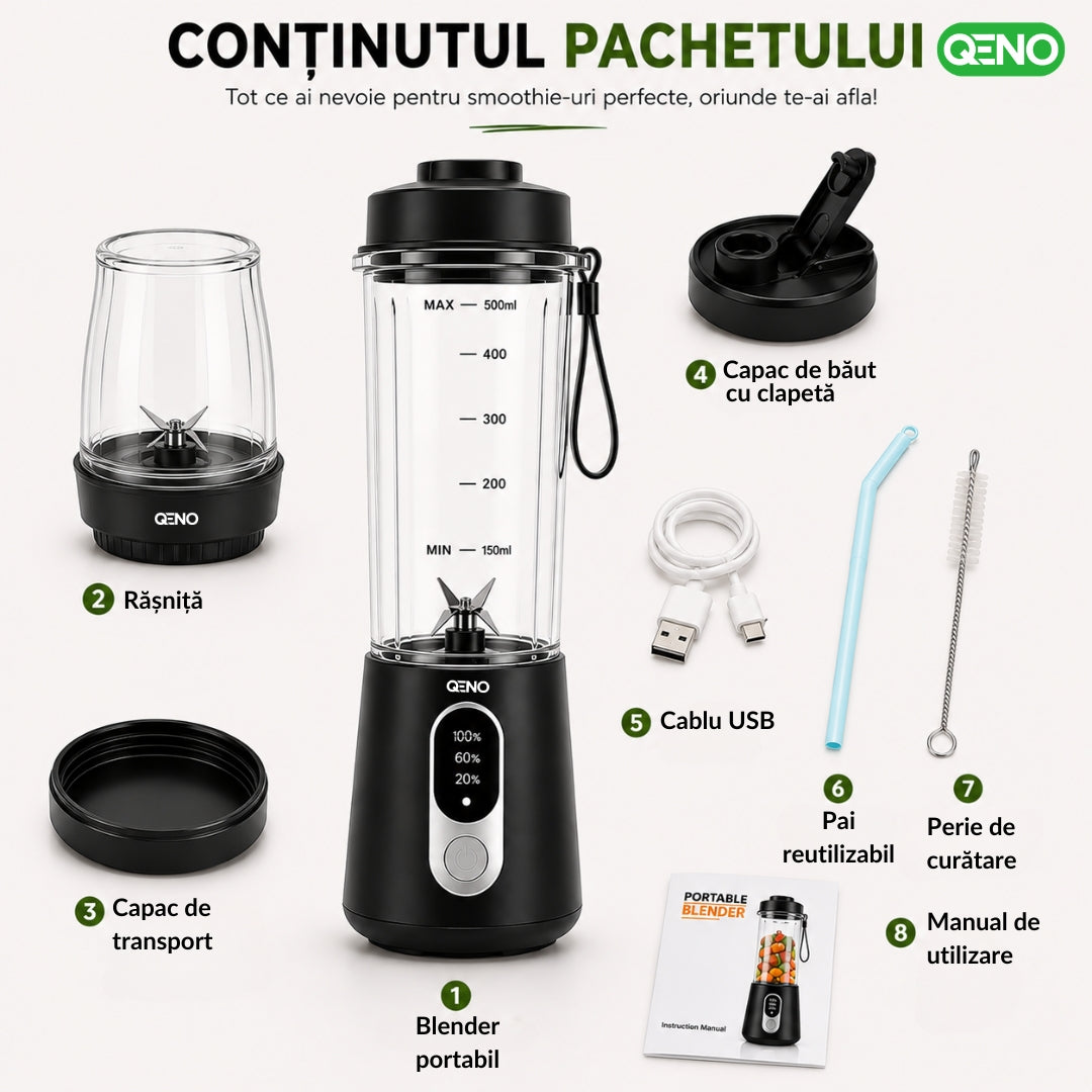 Mini Blender Portabil Electric 2in1 Rasnita cafea, QENO® BLENDYFIT