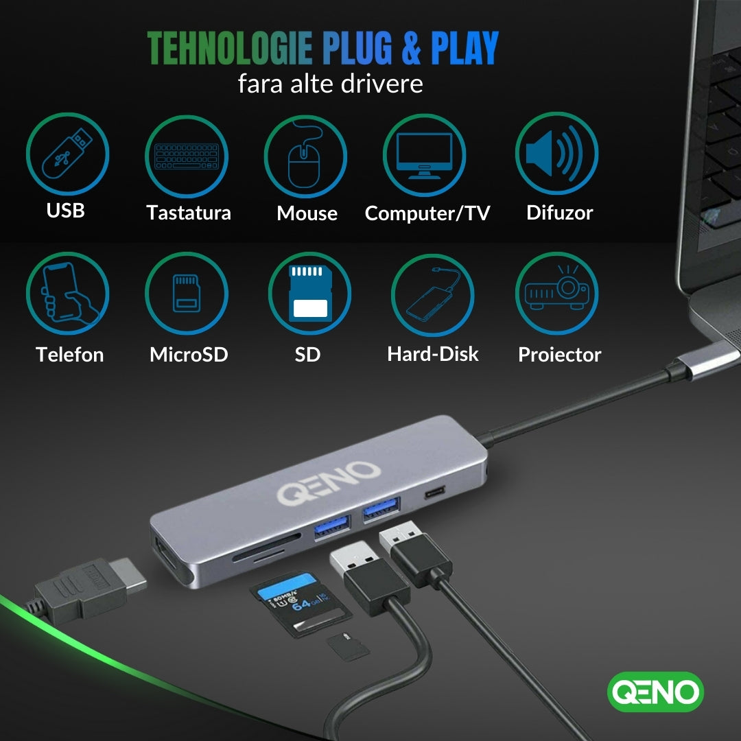 Hub USB 6 in 1 Type C Qeno® Resigilat