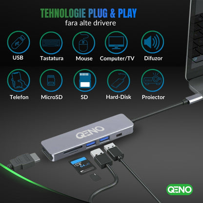 Hub USB 6 in 1 Type C Qeno® Resigilat
