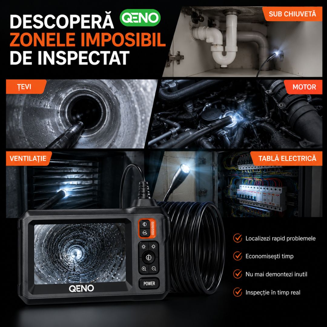 Camera Endoscop Qeno®️ Microcam, Camera De inspectie, Cu Cablu Sarpe De Inspectie, Lungime 5M, 8 LED-uri reglabile, 1080P HD 4.3" ecran LCD 2600mAh IP67, Negru