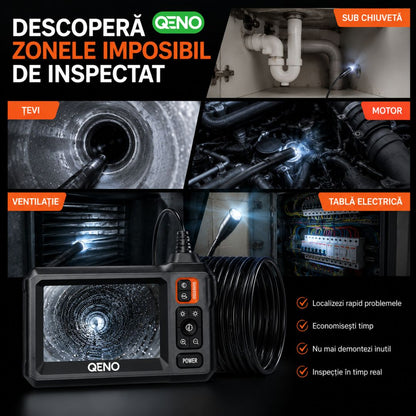 Camera Endoscop Qeno®️ Microcam, Camera De inspectie, Cu Cablu Sarpe De Inspectie, Lungime 5M, 8 LED-uri reglabile, 1080P HD 4.3" ecran LCD 2600mAh IP67, Negru