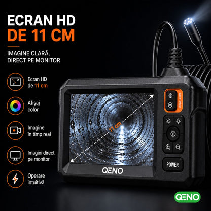 Camera Endoscop Qeno®️ Microcam, Camera De inspectie, Cu Cablu Sarpe De Inspectie, Lungime 5M, 8 LED-uri reglabile, 1080P HD 4.3" ecran LCD 2600mAh IP67, Negru