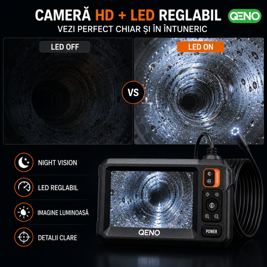 Camera Endoscop Qeno®️ Microcam, Camera De inspectie, Cu Cablu Sarpe De Inspectie, Lungime 5M, 8 LED-uri reglabile, 1080P HD 4.3" ecran LCD 2600mAh IP67, Negru