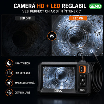 Camera Endoscop Qeno®️ Microcam, Camera De inspectie, Cu Cablu Sarpe De Inspectie, Lungime 5M, 8 LED-uri reglabile, 1080P HD 4.3" ecran LCD 2600mAh IP67, Negru