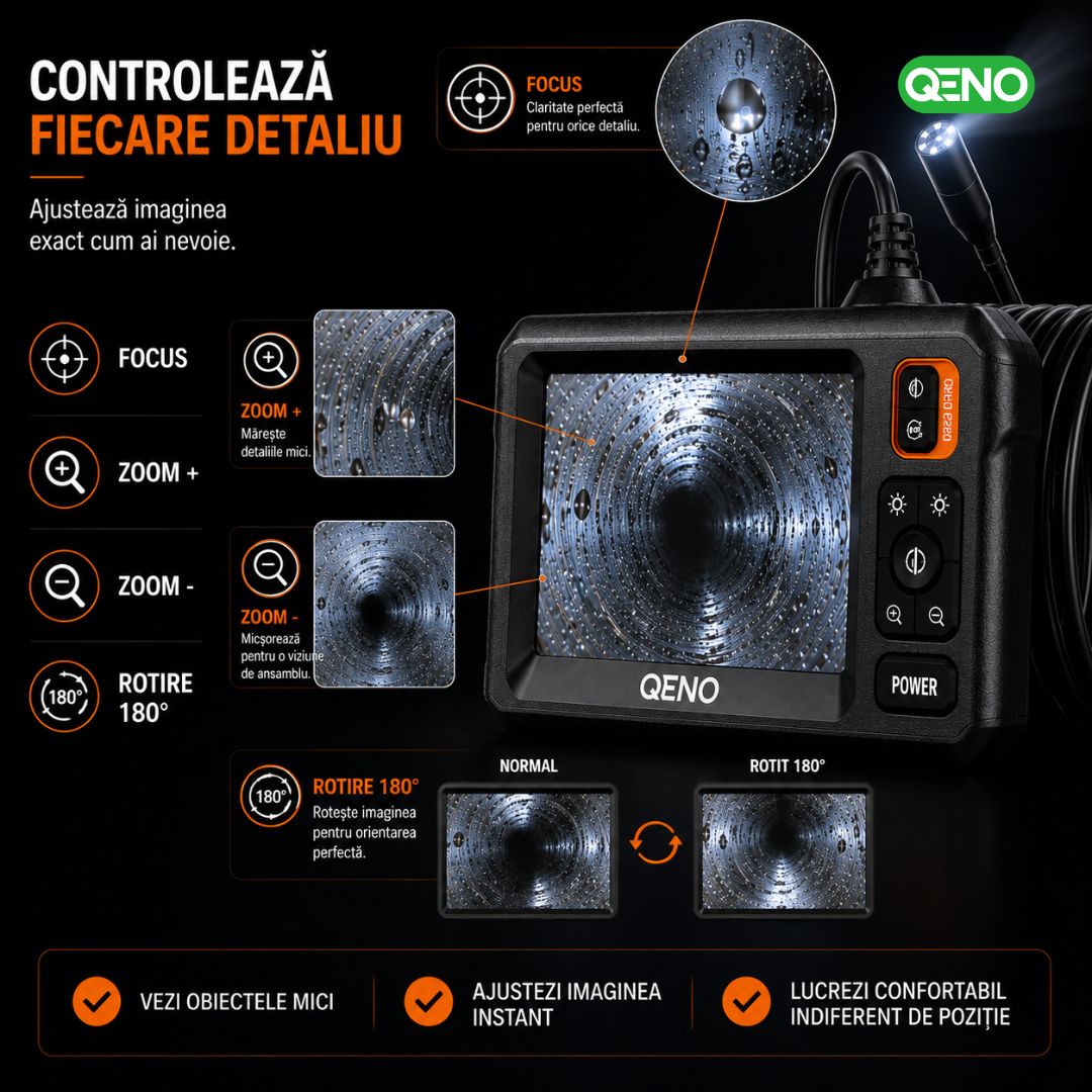 Camera Endoscop Qeno®️ Microcam, Camera De inspectie, Cu Cablu Sarpe De Inspectie, Lungime 5M, 8 LED-uri reglabile, 1080P HD 4.3" ecran LCD 2600mAh IP67, Negru
