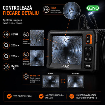 Camera Endoscop Qeno®️ Microcam, Camera De inspectie, Cu Cablu Sarpe De Inspectie, Lungime 5M, 8 LED-uri reglabile, 1080P HD 4.3" ecran LCD 2600mAh IP67, Negru