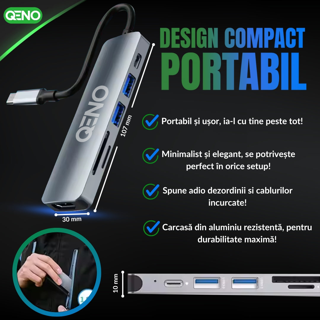 Hub USB 6 in 1 Type C Qeno® Resigilat