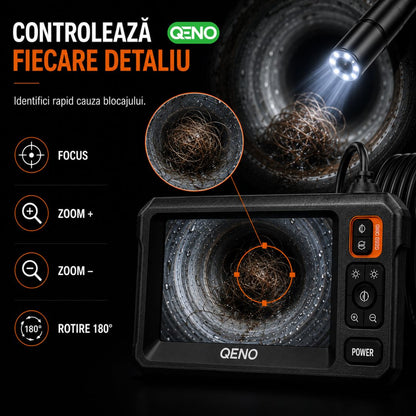 Camera Endoscop Qeno®️ Microcam, Camera De inspectie, Cu Cablu Sarpe De Inspectie, Lungime 5M, 8 LED-uri reglabile, 1080P HD 4.3" ecran LCD 2600mAh IP67, Negru