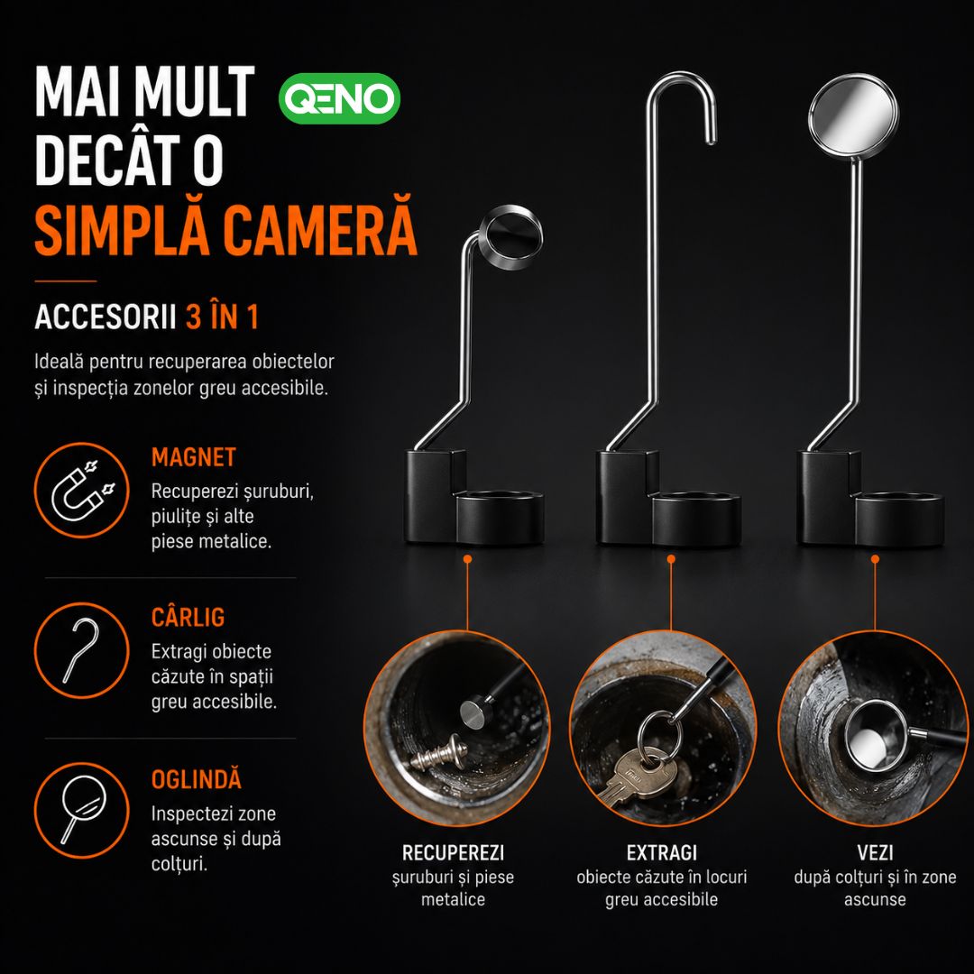 Camera Endoscop Qeno®️ Microcam, Camera De inspectie, Cu Cablu Sarpe De Inspectie, Lungime 5M, 8 LED-uri reglabile, 1080P HD 4.3" ecran LCD 2600mAh IP67, Negru
