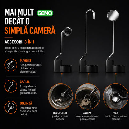 Camera Endoscop Qeno®️ Microcam, Camera De inspectie, Cu Cablu Sarpe De Inspectie, Lungime 5M, 8 LED-uri reglabile, 1080P HD 4.3" ecran LCD 2600mAh IP67, Negru