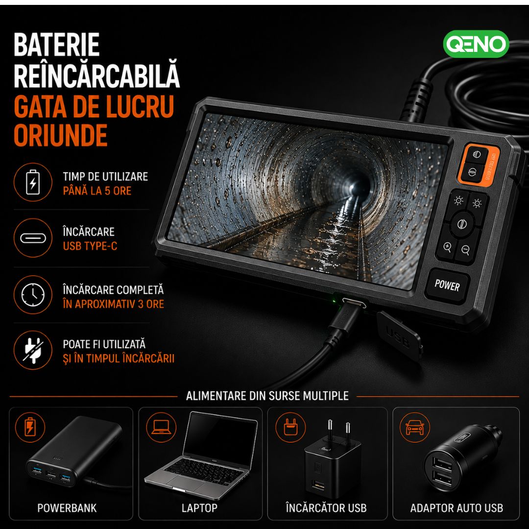 Camera Endoscop Qeno®️ Microcam, Camera De inspectie, Cu Cablu Sarpe De Inspectie, Lungime 5M, 8 LED-uri reglabile, 1080P HD 4.3" ecran LCD 2600mAh IP67, Negru