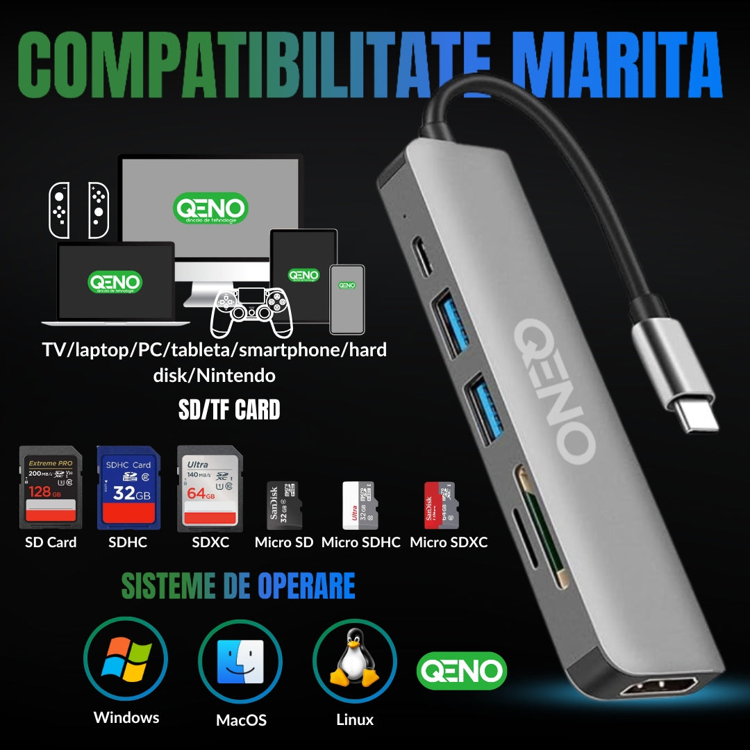 Hub USB 6 in 1 Type C Qeno® Resigilat