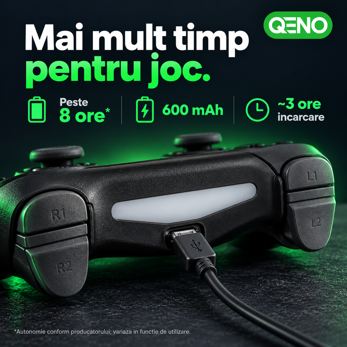 Controller Wireless QENO® P47, Compatibil PS4 si PC, Bluetooth 4.0, Touchpad, Baterie 600 mAh, Negru