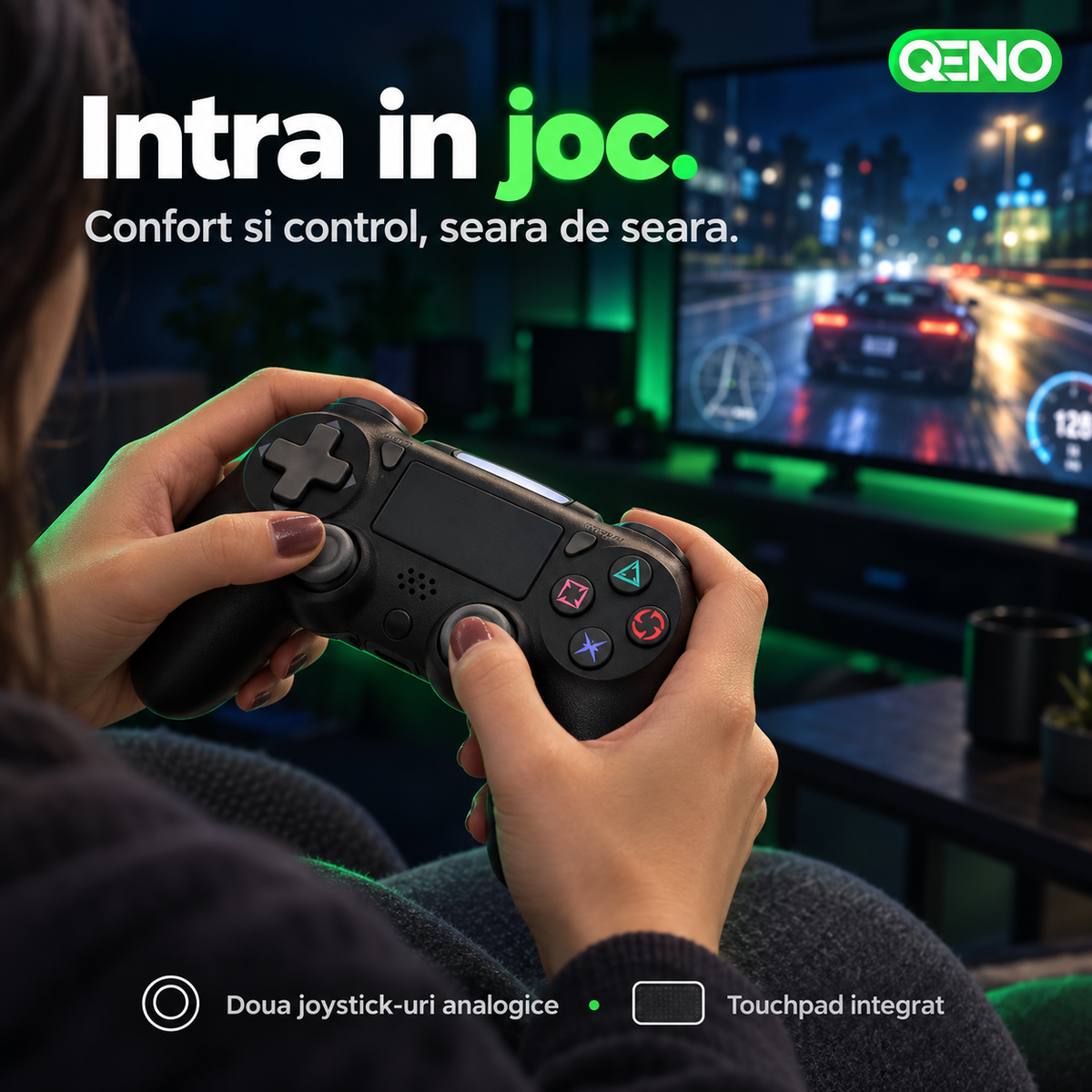 Controller Wireless QENO® P47, Compatibil PS4 si PC, Bluetooth 4.0, Touchpad, Baterie 600 mAh, Negru