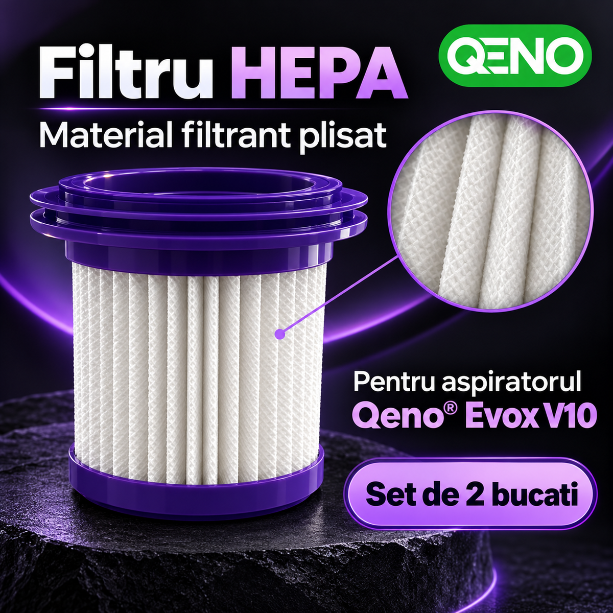 Set 2 Filtre HEPA Lavabile pentru Aspirator Vertical Qeno® Evox V10, Filtre de Schimb, Alb-Mov