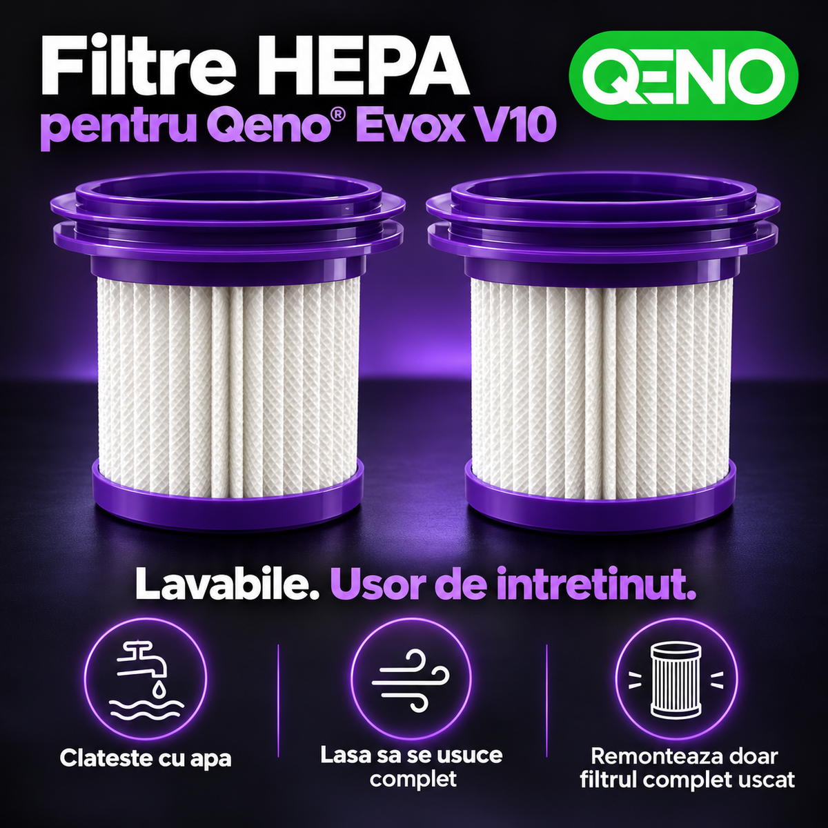 Set 2 Filtre HEPA Lavabile pentru Aspirator Vertical Qeno® Evox V10, Filtre de Schimb, Alb-Mov