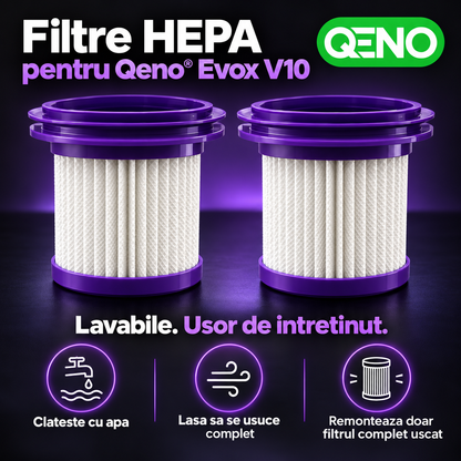 Set 2 Filtre HEPA Lavabile pentru Aspirator Vertical Qeno® Evox V10, Filtre de Schimb, Alb-Mov