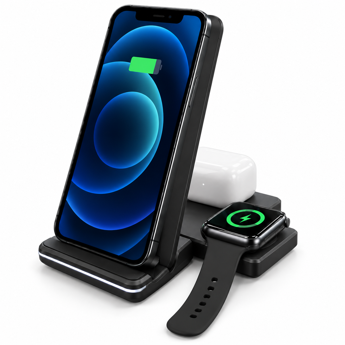 Incarcator Wireless 3 in 1 QENO®, Pliabil, Pana la 15W, Compatibil iPhone, Apple Watch si AirPods cu Lightning, Alimentare USB-C, Negru