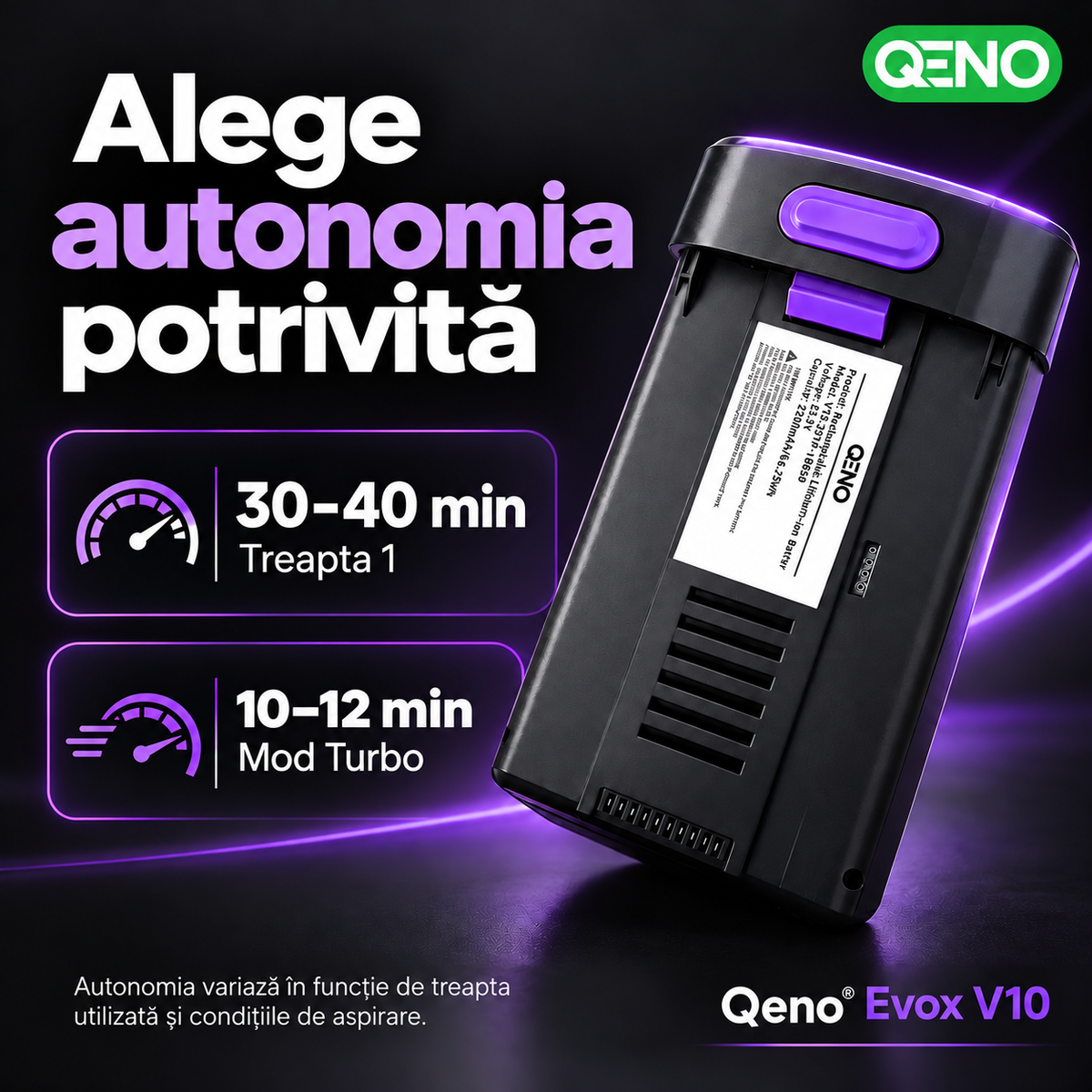 Baterie suplimentara pentru aspirator Qeno® Evox V10, Li-ion, 2500 mAh, 25,9 V, detasabila
