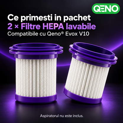 Set 2 Filtre HEPA Lavabile pentru Aspirator Vertical Qeno® Evox V10, Filtre de Schimb, Alb-Mov