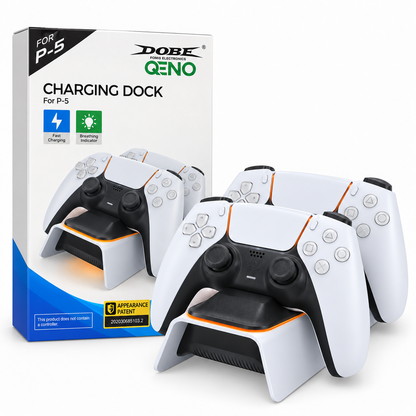 Statie de Incarcare Dubla QENO® pentru Controllere PS5 DualSense, Incarcare Simultana, Indicator LED, Alimentare USB-C, Alb/Negru