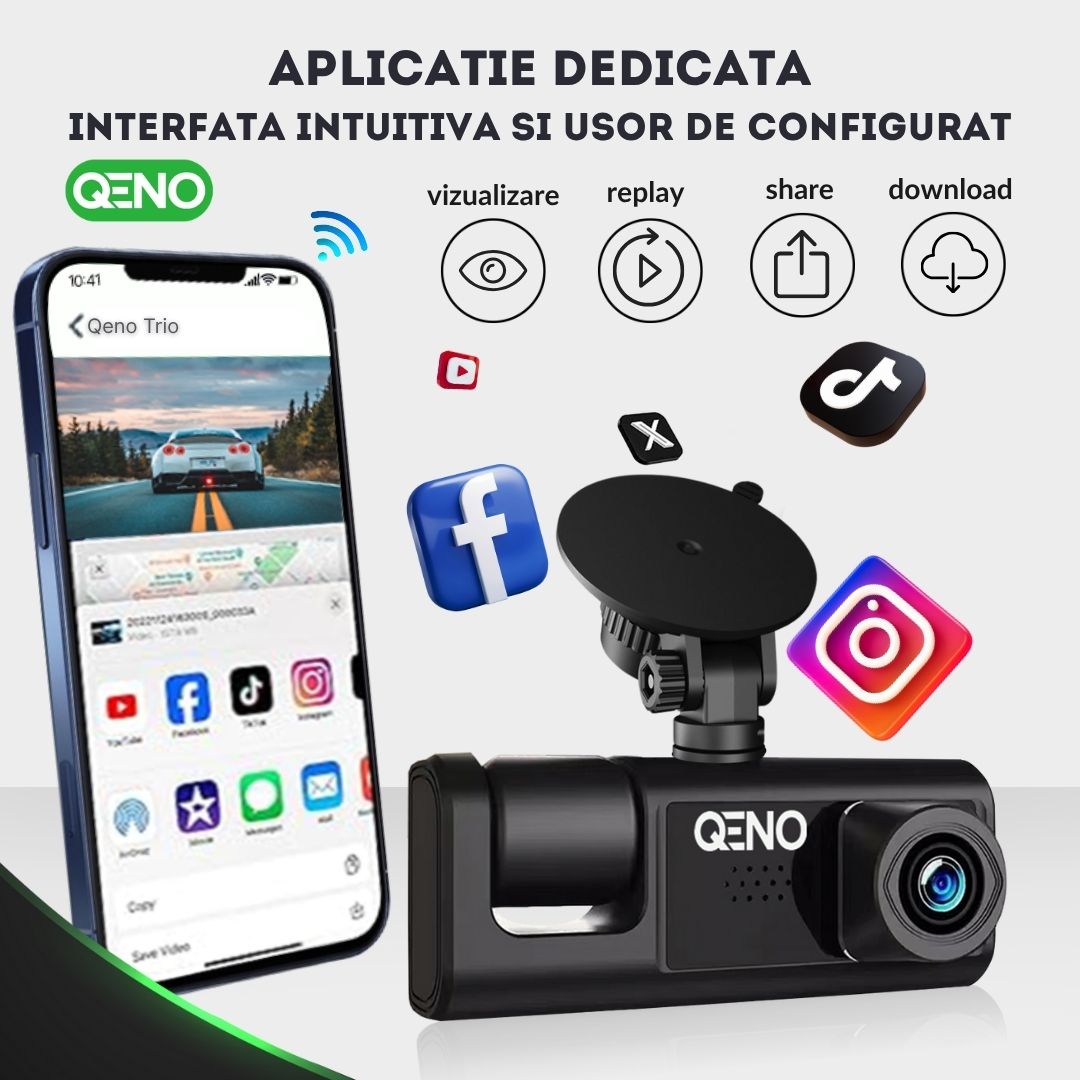 Camera Auto De Bord DVR Qeno® TRIO Camera High PRO Full HD 1080P, 3 Lentile