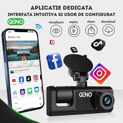 Camera Auto De Bord DVR Qeno® TRIO Camera High PRO Full HD 1080P, 3 Lentile