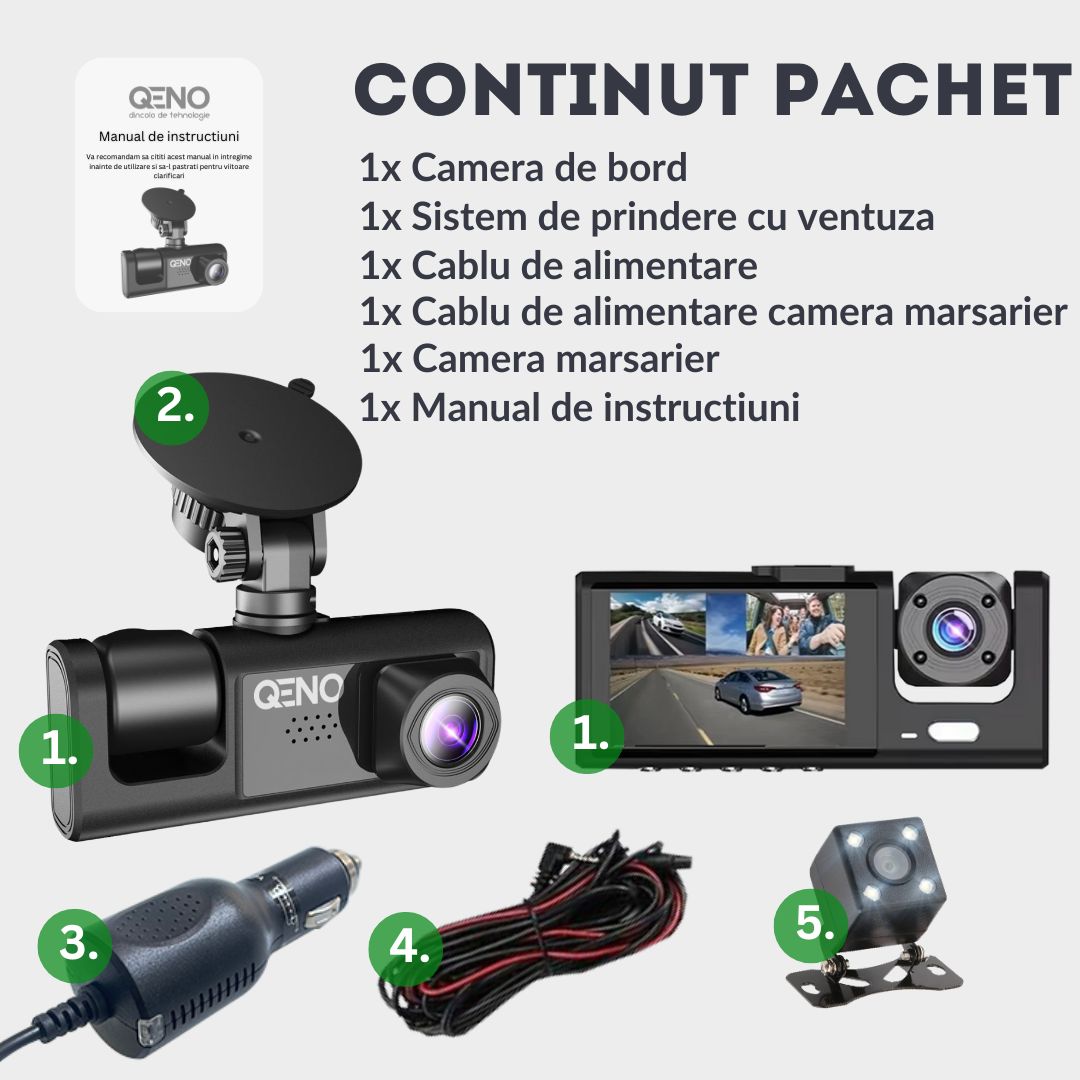 Camera Auto De Bord DVR Qeno® TRIO Camera High PRO Full HD 1080P, 3 Lentile
