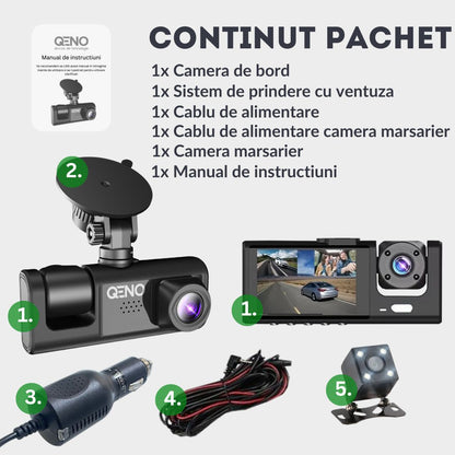 Camera Auto De Bord DVR Qeno® TRIO Camera High PRO Full HD 1080P, 3 Lentile