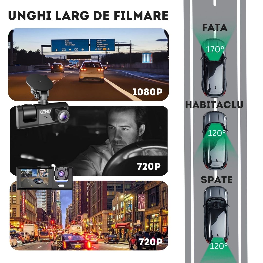 Camera Auto De Bord DVR Qeno® TRIO Camera High PRO Full HD 1080P, 3 Lentile