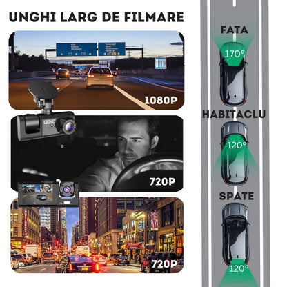 Camera Auto De Bord DVR Qeno® TRIO Camera High PRO Full HD 1080P, 3 Lentile