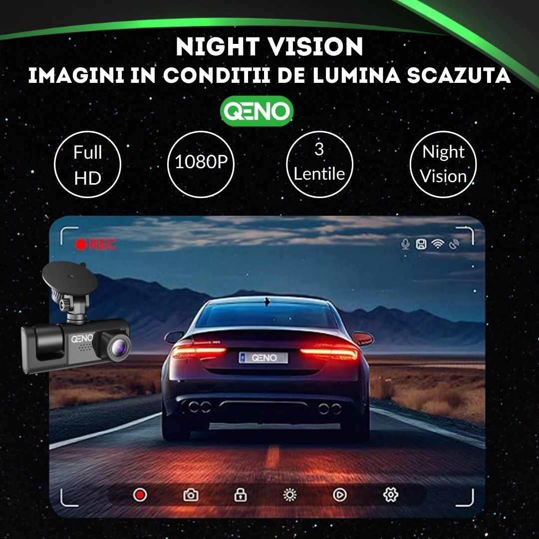 Camera Auto De Bord DVR Qeno® TRIO Camera High PRO Full HD 1080P, 3 Lentile