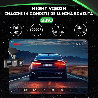 Camera Auto De Bord DVR Qeno® TRIO Camera High PRO Full HD 1080P, 3 Lentile