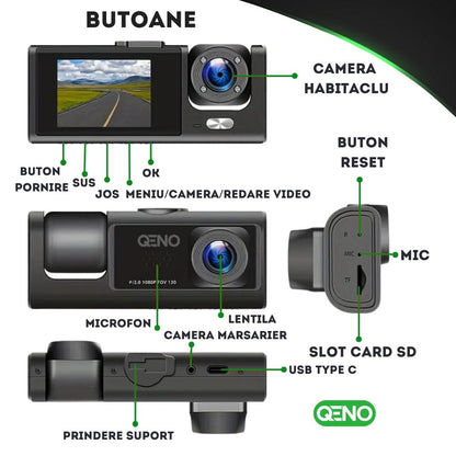 Camera Auto De Bord DVR Qeno® TRIO Camera High PRO Full HD 1080P, 3 Lentile