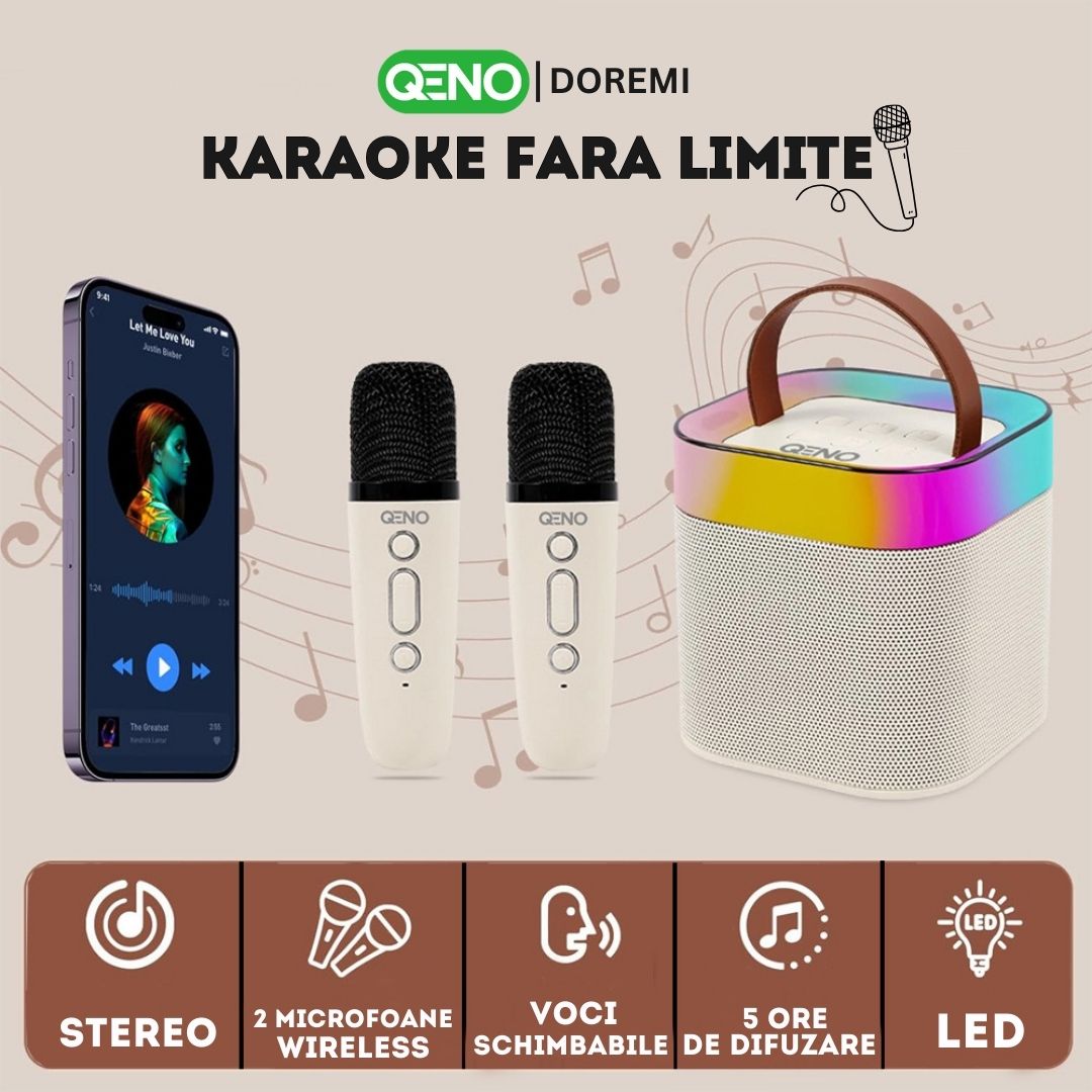 Set Boxa Bluetooth 5.3 Karaoke Cu 2 Microfoane Wireless DoReMi Qeno®