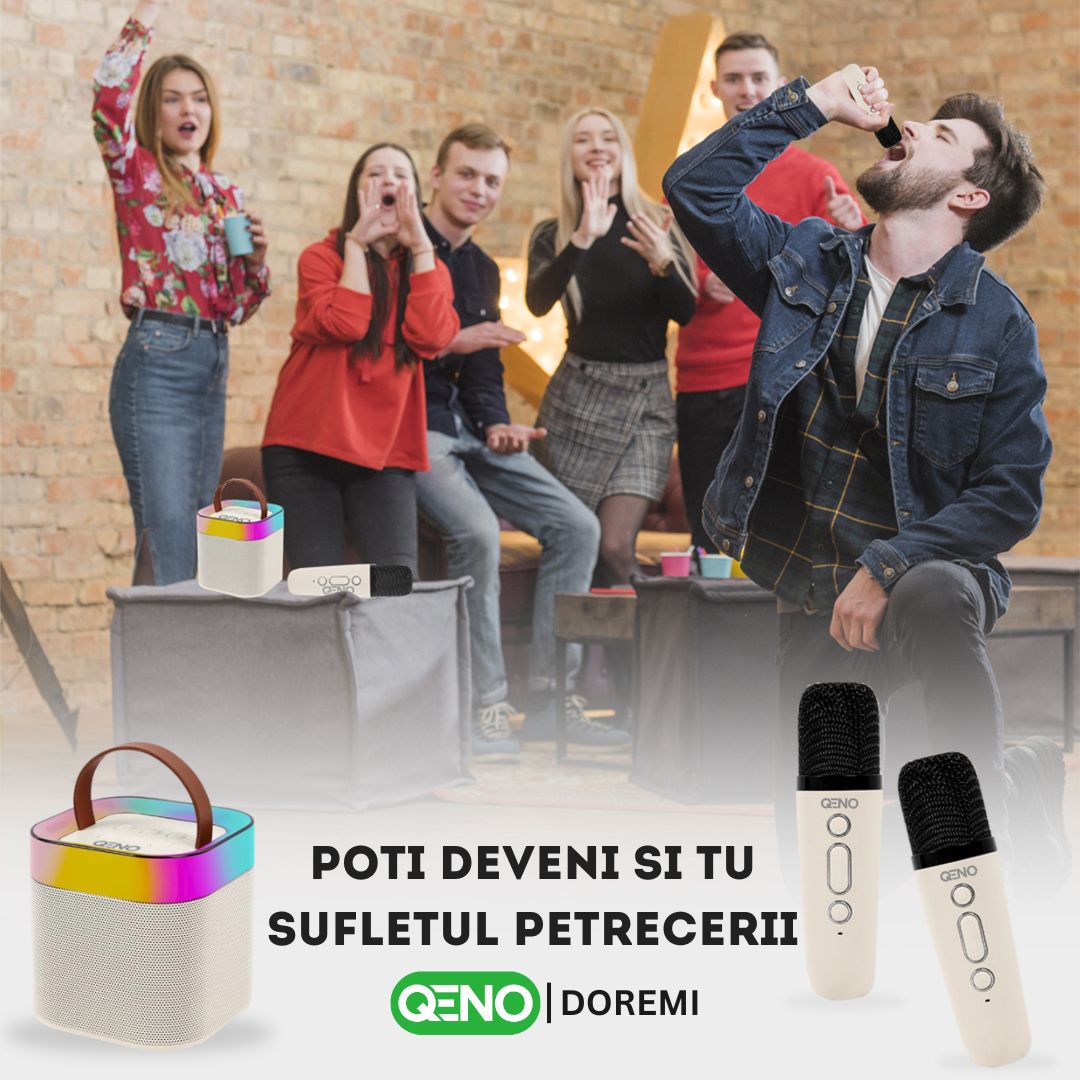 Set Boxa Bluetooth 5.3 Karaoke Cu 2 Microfoane Wireless DoReMi Qeno® Resigilat