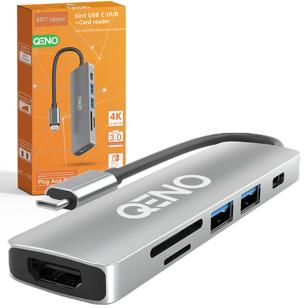 Hub USB 6 in 1 Qeno® Tip C / USB 3.0. Cu Port HDMI 4K, Cu Card Reader, Adaptor Multiport Protectie Supracurent, 4K*2K resolution video, 55W, 480 Mbps, 5 Gbps, Aluminiu