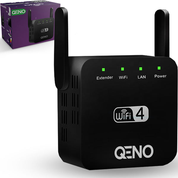 Adaptor Wireless Extender Qeno® Amplificator Semnal Range Wifi, 2.4Ghz, 300 Mbps, Acoperire Larga, LAN Slot, Conexiune WPA si WPA2, 2 Antene Externe, cu Port LAN